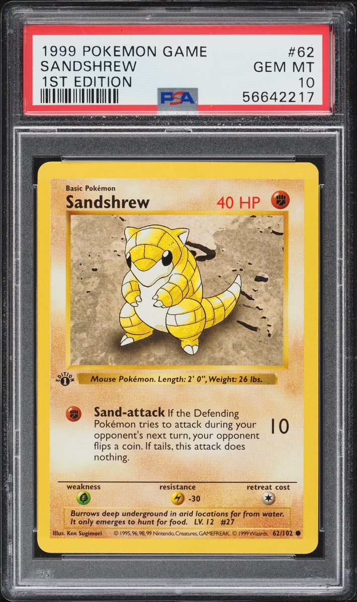 1999 Pokemon Base Set Shadowless 1st Edition Sandshrew #62 PSA 10 GEM MINT