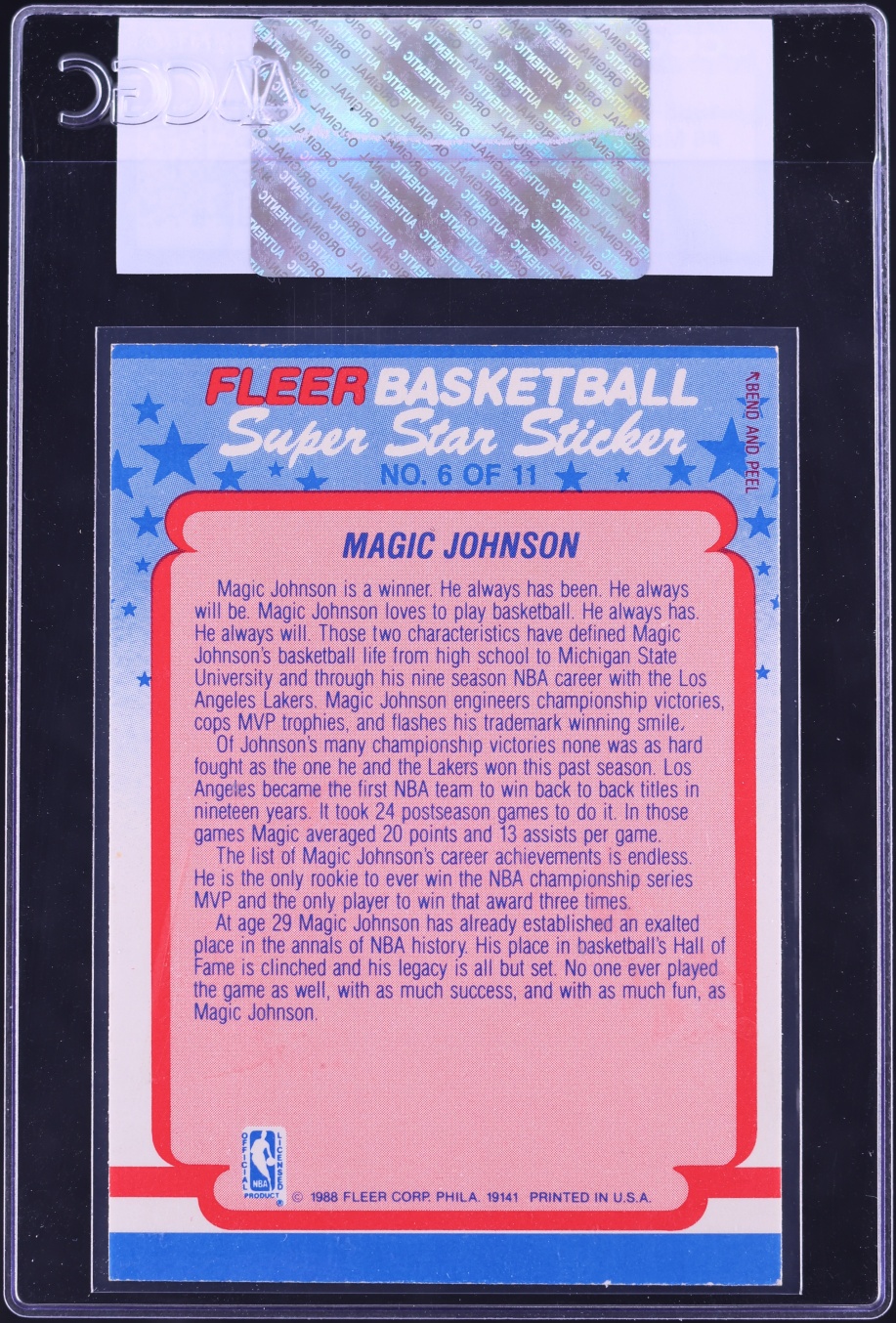 1988 Fleer Stickers Magic Johnson #6 CGC AUTH