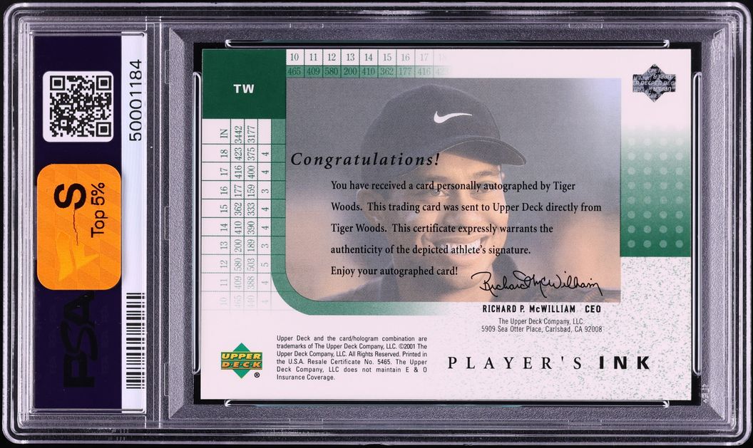 2001 Upper Deck Player's Ink Tiger Woods ROOKIE AUTO #TW PSA 10 GEM MINT