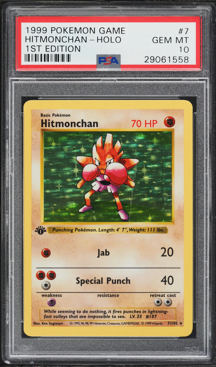 1999 Pokemon Base Set Shadowless 1st Edition Holo Hitmonchan #7 PSA 10 GEM MINT