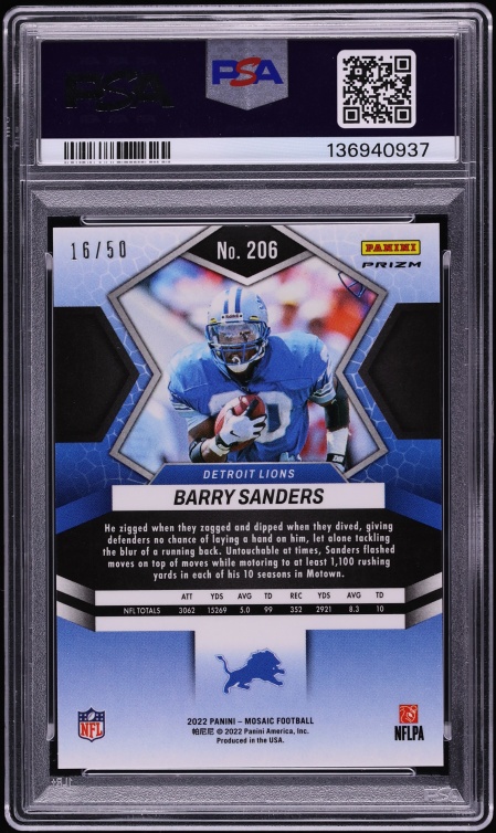 2022 Panini Mosaic No Huddle Purple Barry Sanders /50 #206 PSA 10 GEM MINT