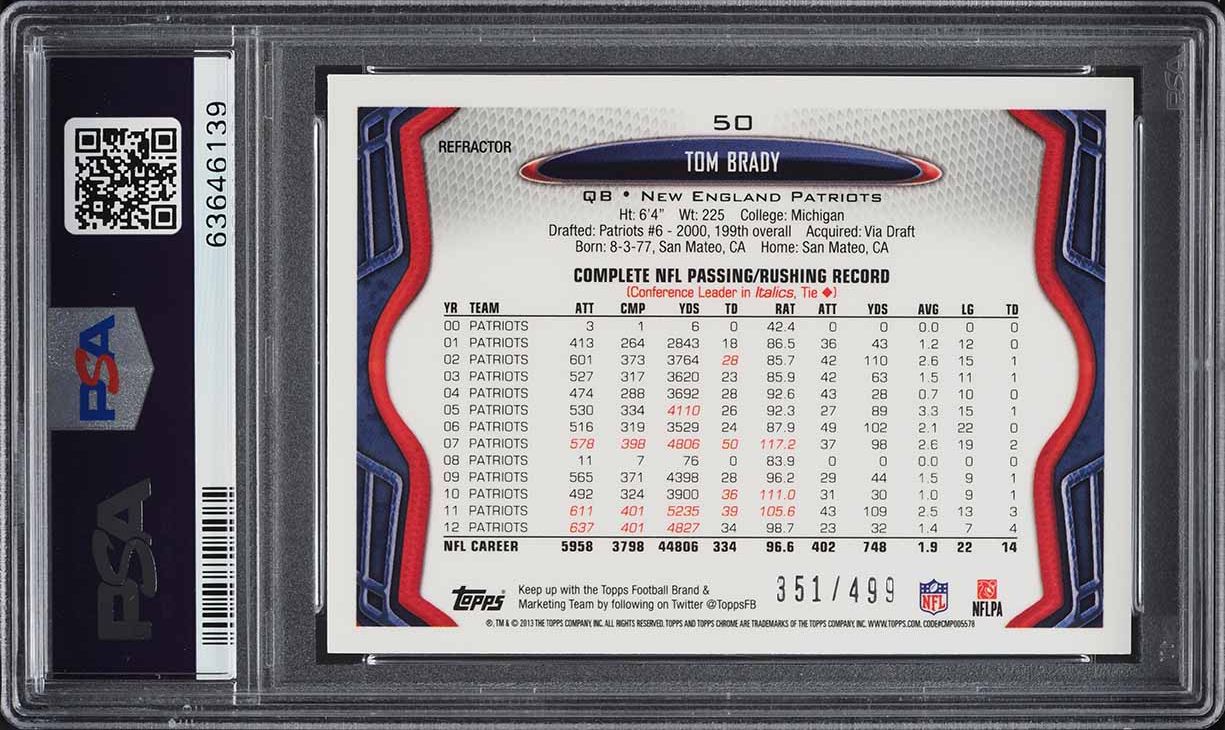2013 Topps Chrome Purple Refractor Tom Brady /499 #50 PSA 10 GEM MINT