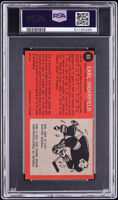 1964 Topps Hockey Earl Ingarfield #65 PSA 8 NM-MT