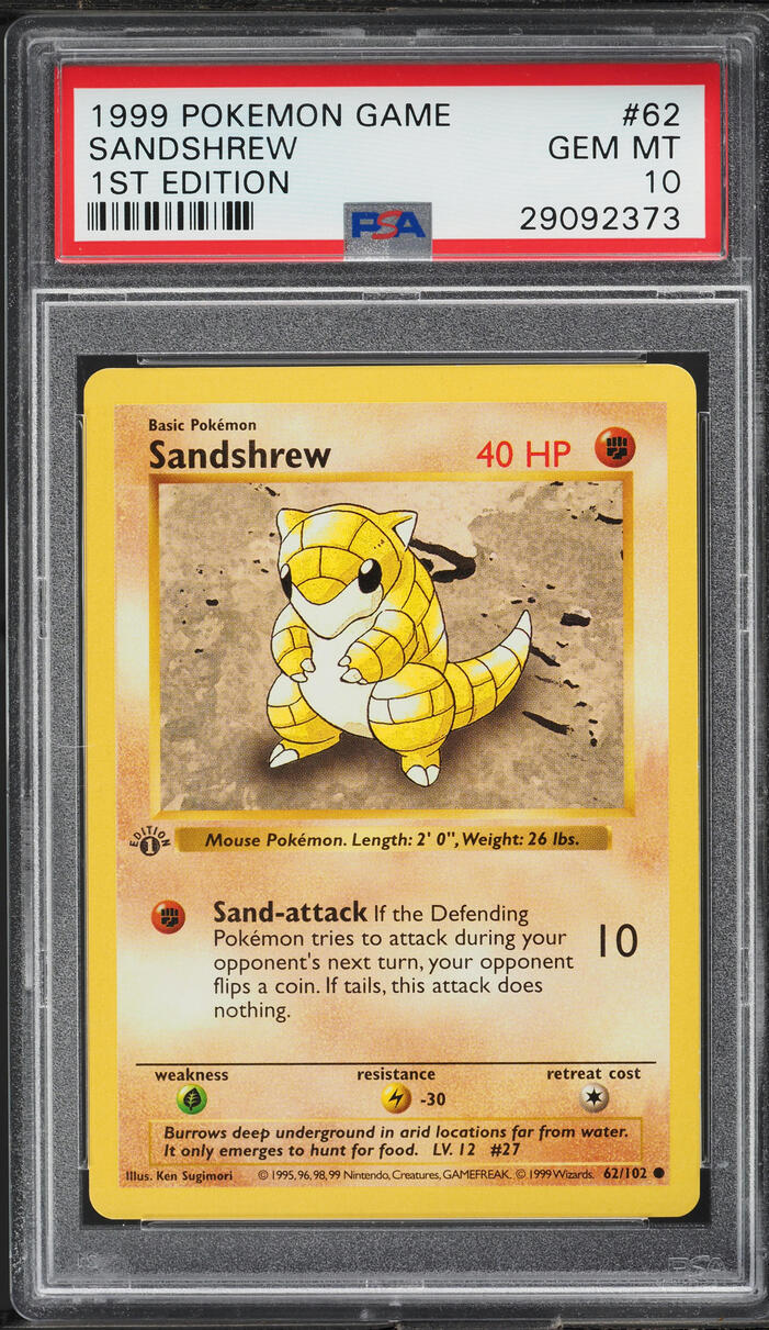 1999 Pokemon Base Set Shadowless 1st Edition Sandshrew #62 PSA 10 GEM MINT