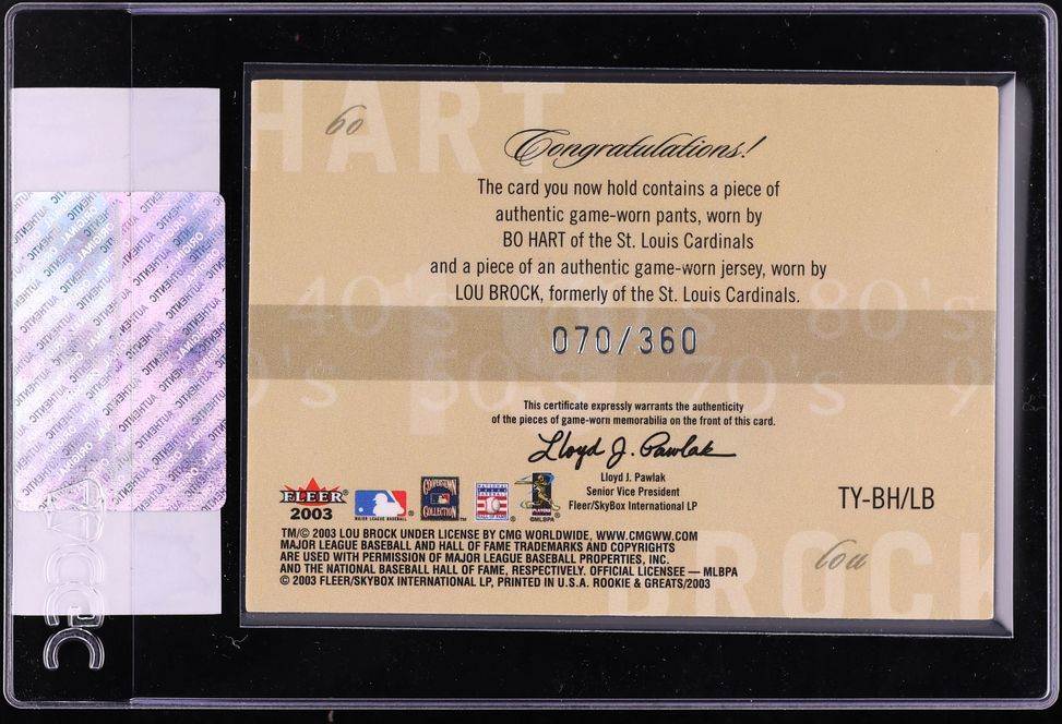 2003 Fleer Rookies & Greats Through The Years Bo Hart Lou Brock PATCH /360 #TY-BH/LB CGC AUTH