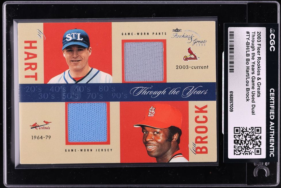 2003 Fleer Rookies & Greats Through The Years Bo Hart Lou Brock PATCH /360 #TY-BH/LB CGC AUTH