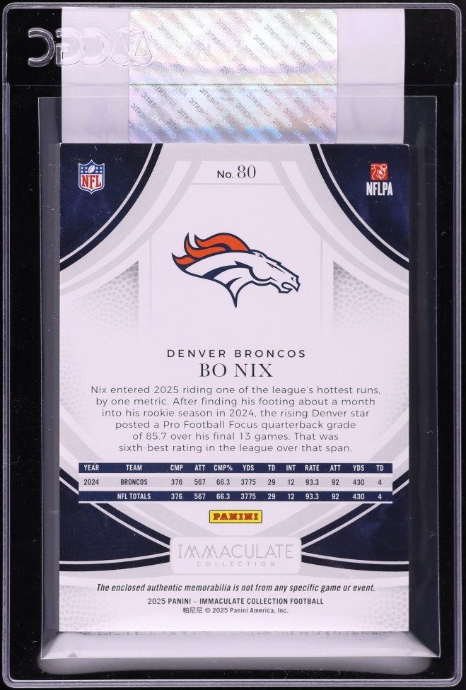 2025 Immaculate Collection Bo Nix PATCH /99 #80 CGC AUTH
