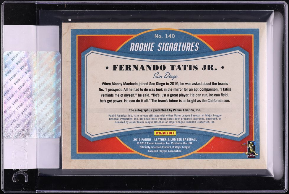 2019 Panini Leather & Lumber Black Fernando Tatis Jr. ROOKIE PATCH AUTO /125 #140 CGC AUTH
