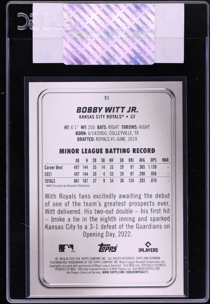 2022 Bowman Platinum Bobby Witt Jr. ROOKIE #51 CGC AUTH