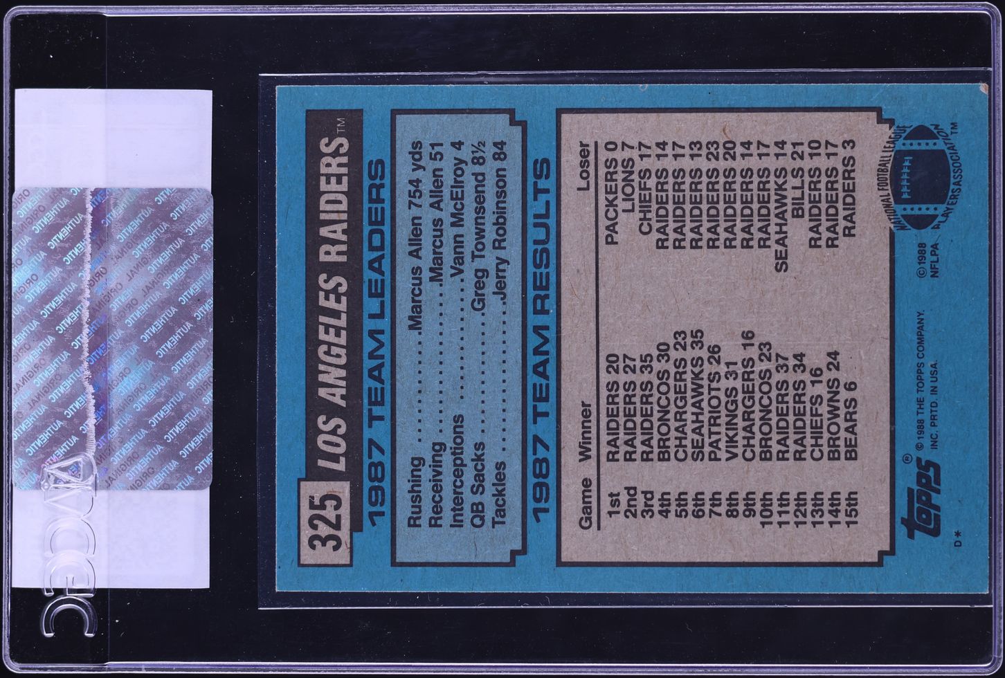 1988 Topps Football Bo Jackson ROOKIE, TEAM LDRS #325 CGC AUTH