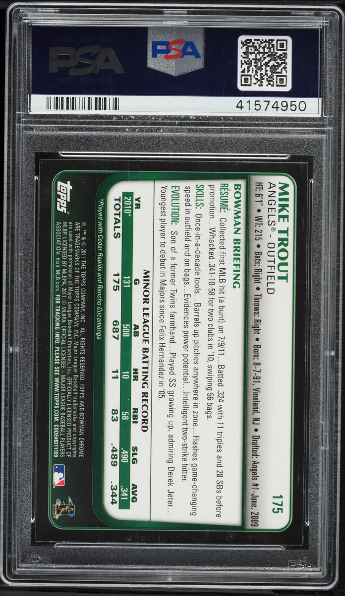 2011 Bowman Chrome Refractor Mike Trout ROOKIE #175 PSA 10 GEM MINT