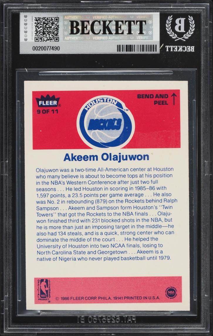 1986 Fleer Sticker Hakeem Olajuwon #9 BGS 5.5 EX+