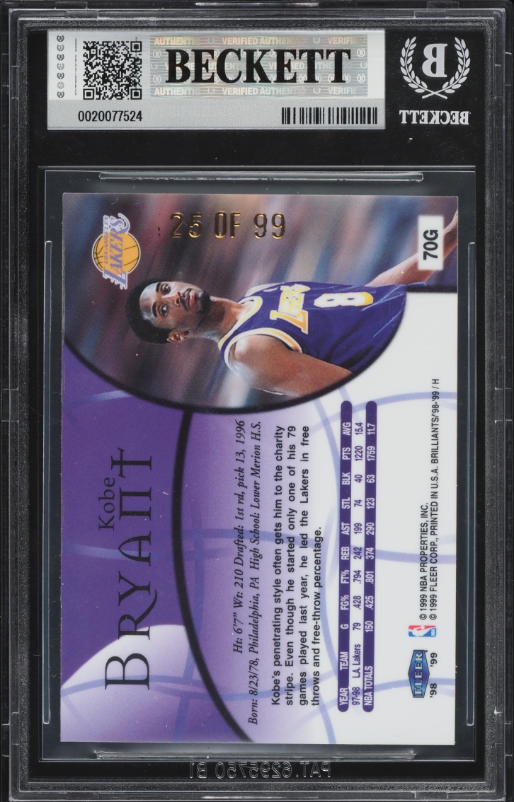 1998 Fleer Brilliants Gold Kobe Bryant /99 #70G BGS 7 NRMT
