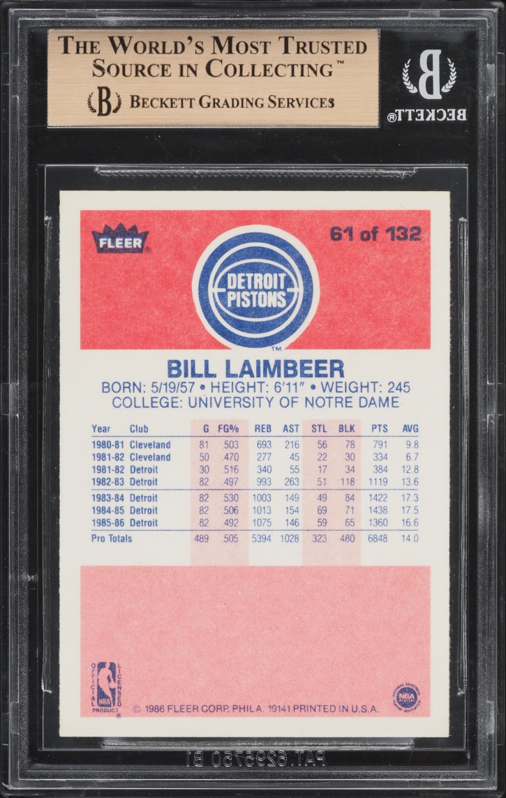 1986 Fleer Basketball Bill Laimbeer #61 BGS 9.5 GEM MINT