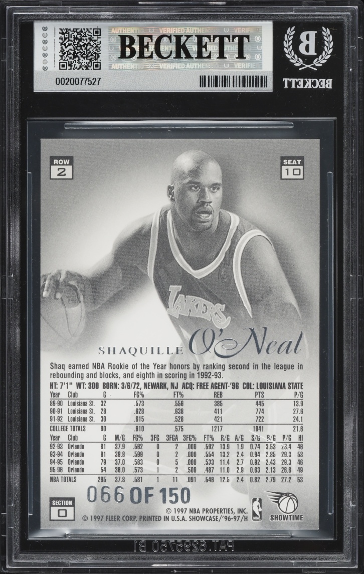 1996 Flair Showcase Legacy Collection Row 2 Shaquille O'Neal /150 #10 BGS 8 NM-MT