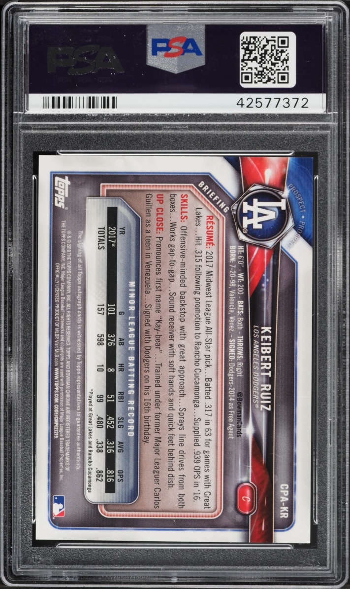 2018 Bowman Chrome Keibert Ruiz PROSPECT AUTO #CPA-KR PSA 9 MINT