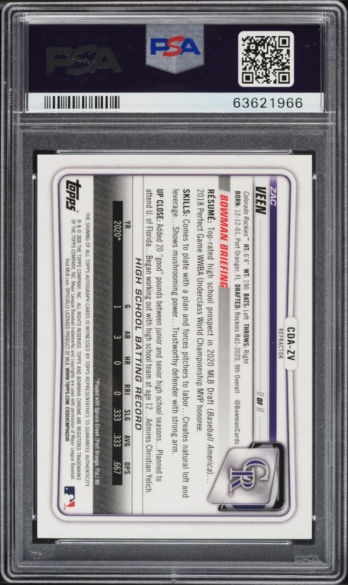 2020 Bowman Chrome Draft Refractor Zac Veen PROSPECT AUTO /499 #CDA-ZV PSA 9 MINT