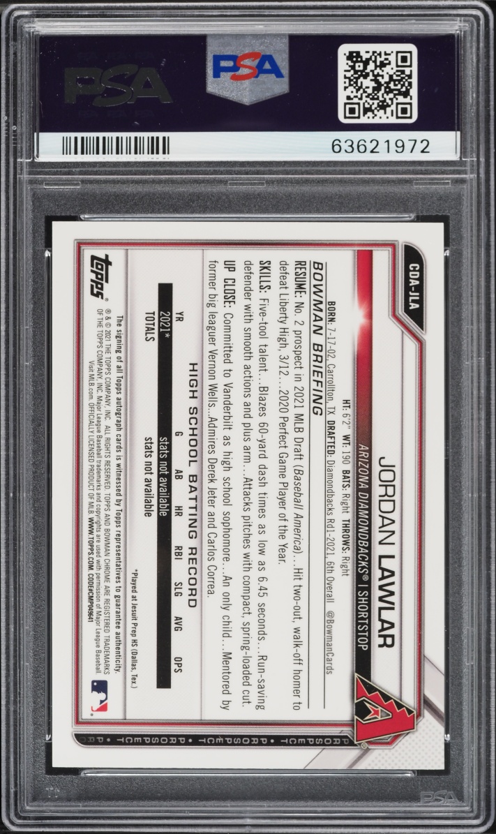 2021 Bowman Chrome Draft Blue Refractor Jordan Lawlar PROSPECT AUTO /150 #CDA-JLA PSA 9 MINT