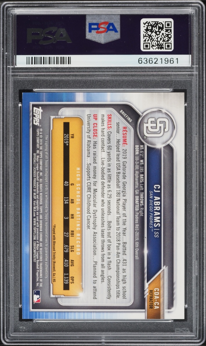 2019 Bowman Chrome Draft Refractor CJ Abrams PROSPECT AUTO /499 #CDA-CA PSA 10 GEM MINT