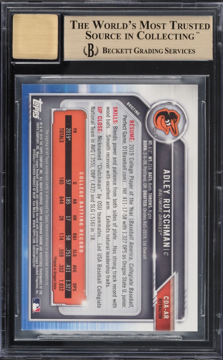 2019 Bowman Chrome Draft Refractor Adley Rutschman PROSPECT AUTO /499 #CDA-AR BGS 9.5 GEM MINT