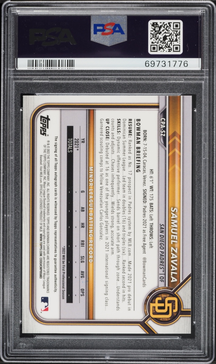 2022 Bowman Chrome Gold Shimmer Refractor Samuel Zavala PROSPECT AUTO /50 #CPA-SZ PSA 9 MINT