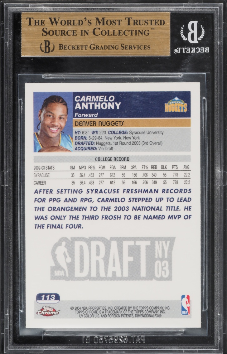2003 Topps Chrome Carmelo Anthony ROOKIE #113 BGS 9.5 GEM MINT