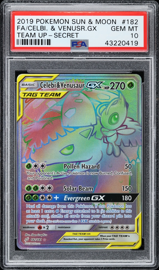 2019 Pokemon Sun & Moon Team Up Rainbow Rare Celebi & Venusaur GX #182 PSA 10 GEM MINT