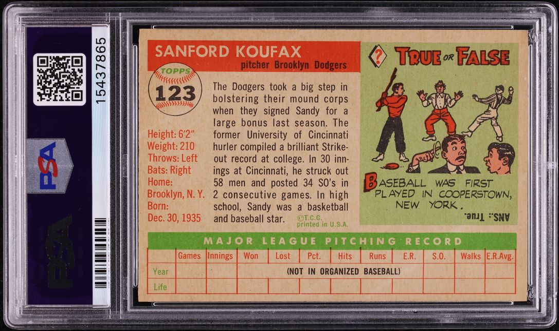 1955 Topps Sandy Koufax ROOKIE #123 PSA 8 NM-MT