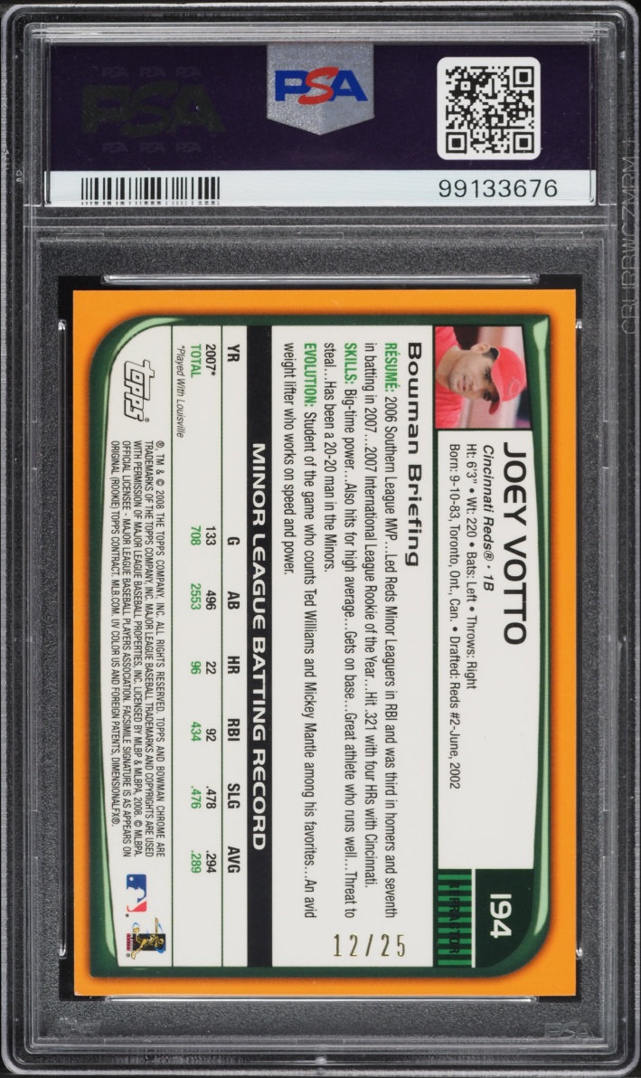 2008 Bowman Chrome Orange Refractor Joey Votto ROOKIE /25 #194 PSA 8 NM-MT