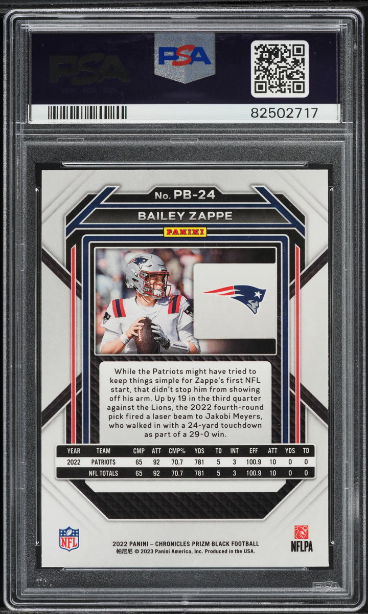 2022 Panini Chronicles Prizm Black Bailey Zappe ROOKIE #PB-24 PSA 9 MINT