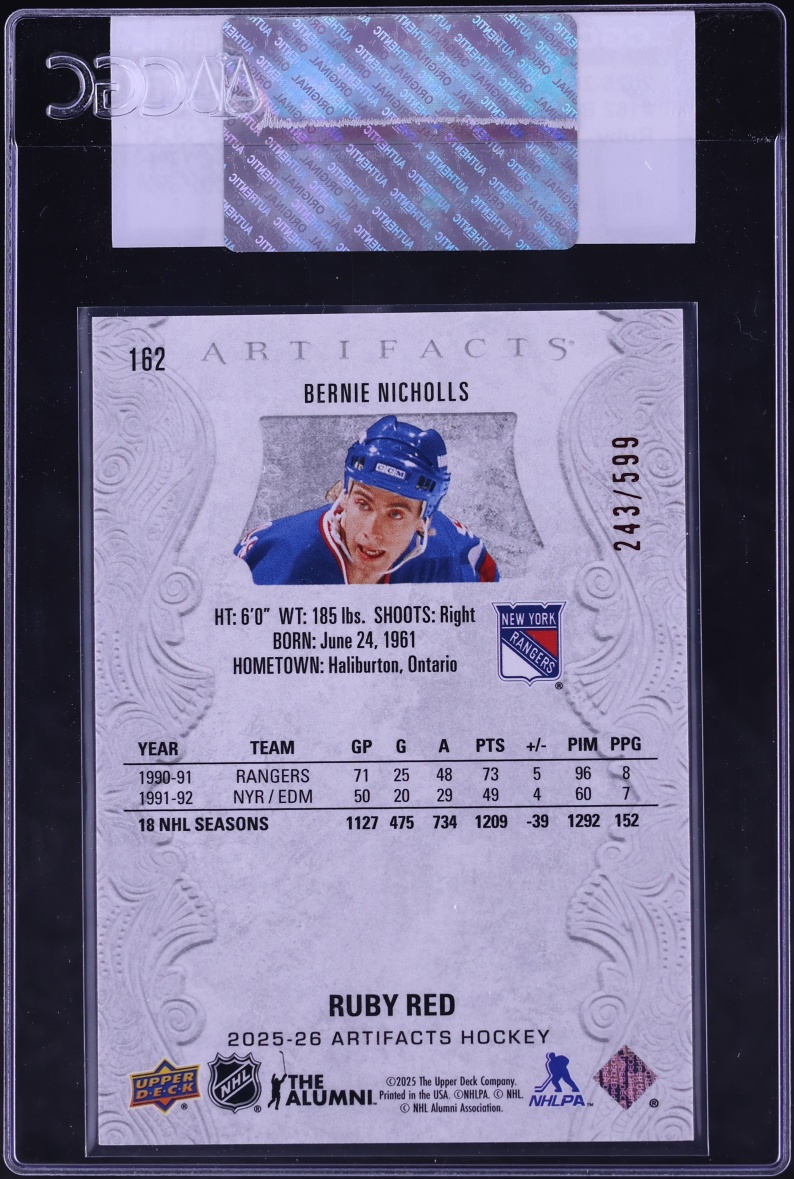 2025 Upper Deck Artifacts Ruby Bernie Nicholls /599 #162 CGC AUTH
