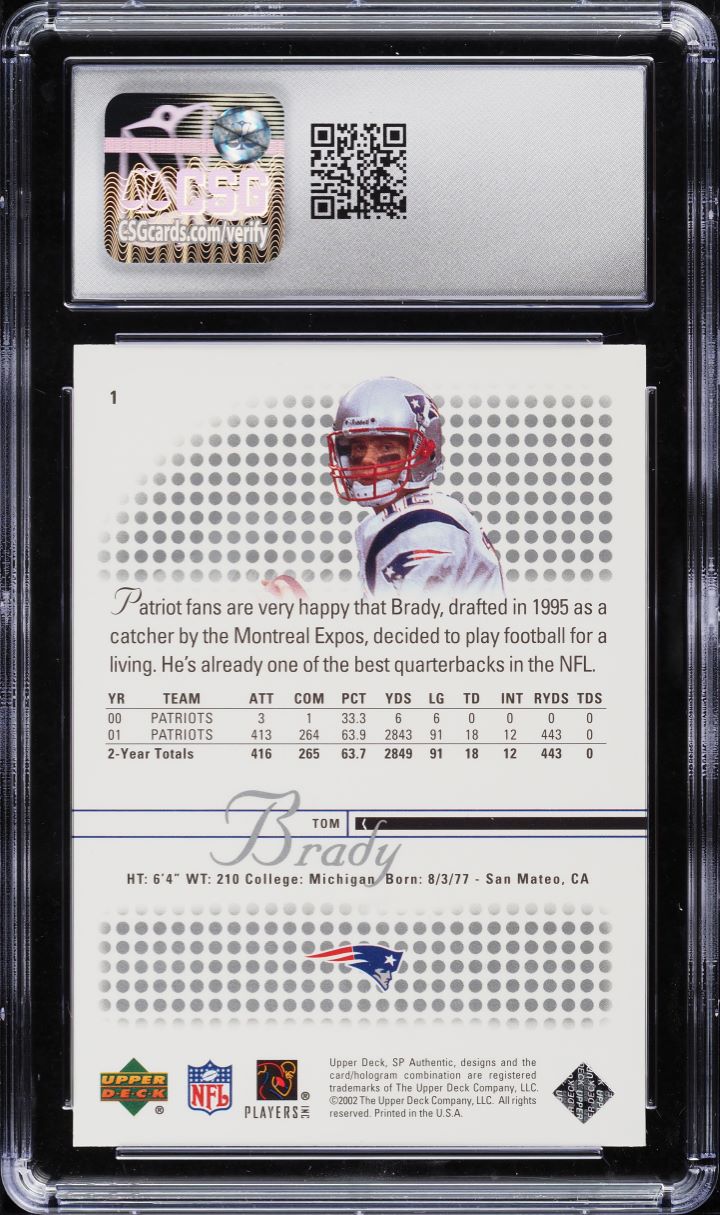 2002 SP Authentic Tom Brady #1 CSG 9.5 MINT+