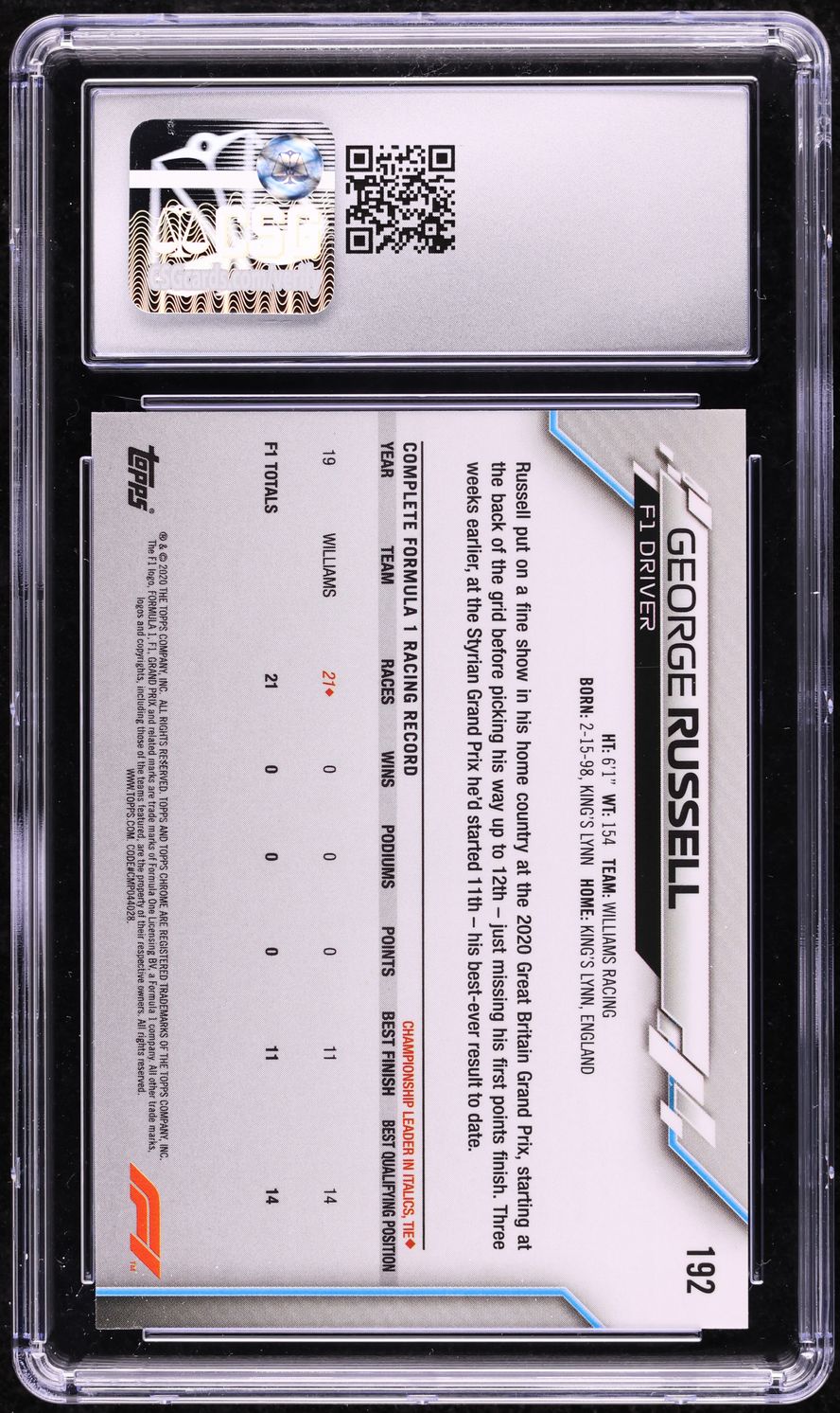 2020 Topps Chrome Formula 1 F1 George Russell ROOKIE #192 CSG 10 GEM MINT
