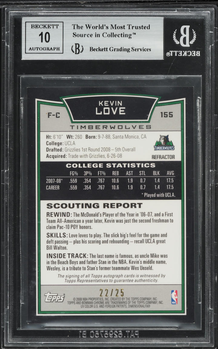 2008 Bowman Chrome Gold Refractor Kevin Love ROOKIE AUTO /25 #155 BGS 9 MINT