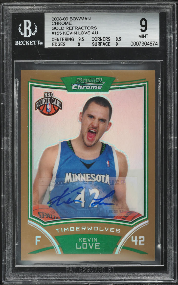 2008 Bowman Chrome Gold Refractor Kevin Love ROOKIE AUTO /25 #155 BGS 9 MINT