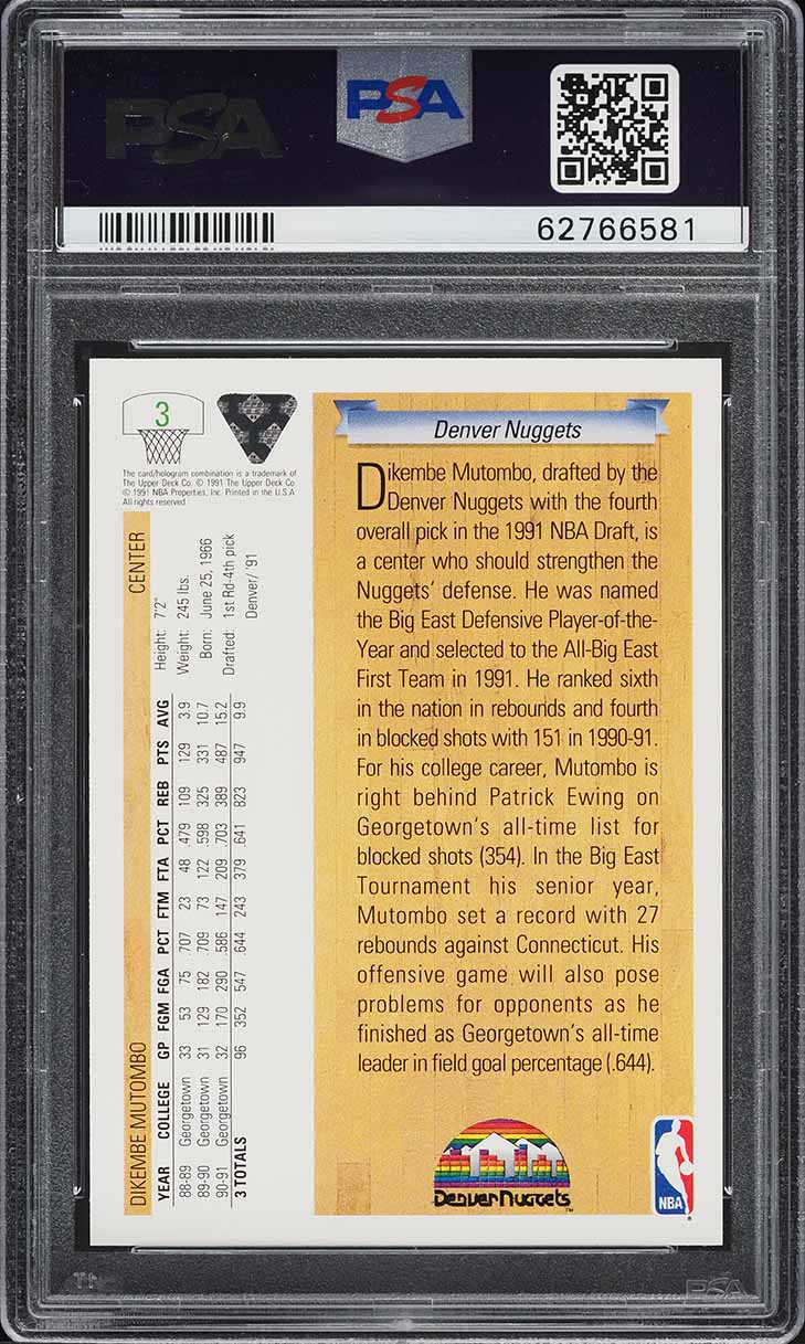 1991 Upper Deck Basketball Dikembe Mutombo ROOKIE #3 PSA 7 NRMT