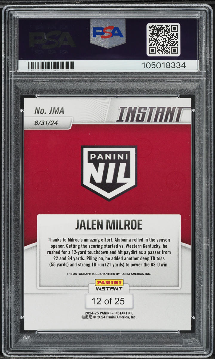 2024 Panini Instant NIL College Football Jungle Jalen Milroe ROOKIE AUTO /25 #JMA PSA 9