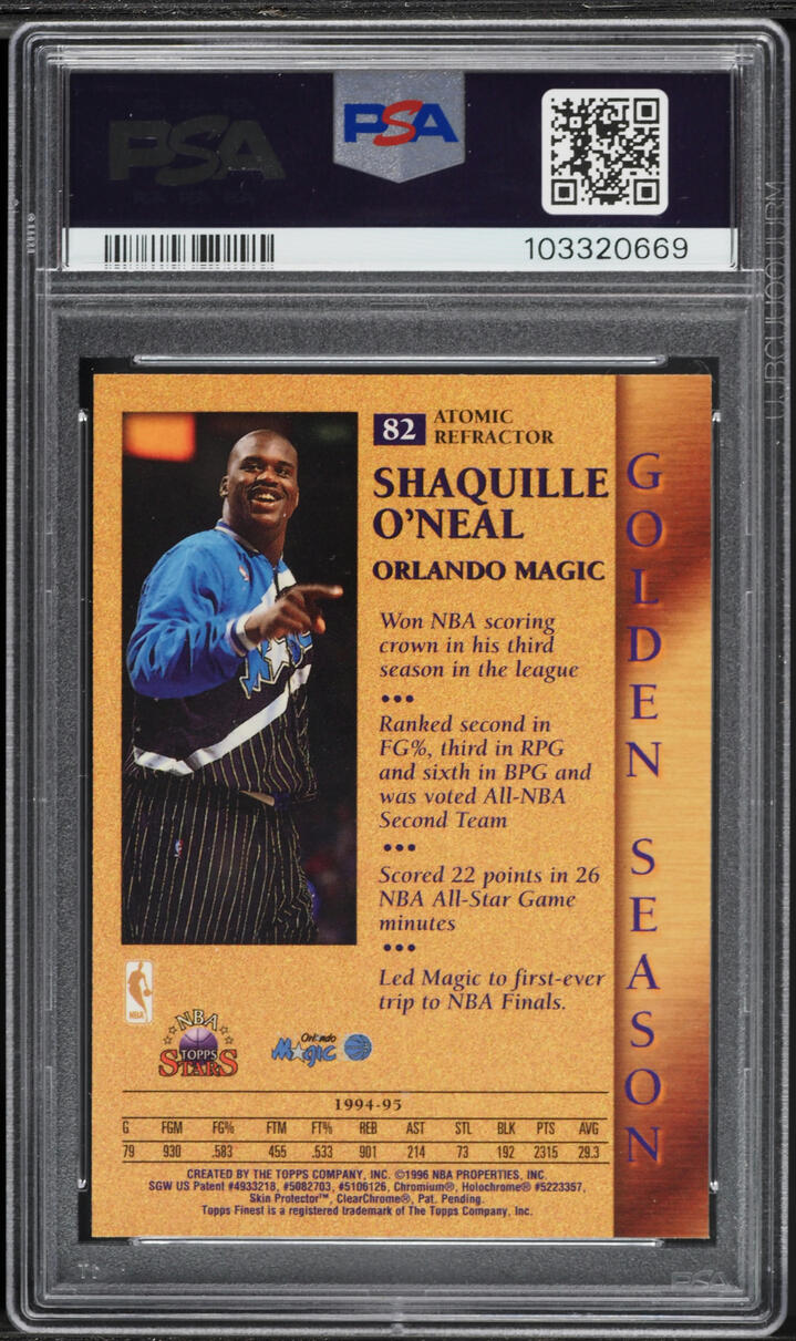 1996 Topps NBA Stars Finest Atomic Refractor Shaquille O'Neal #82 PSA 9 MINT