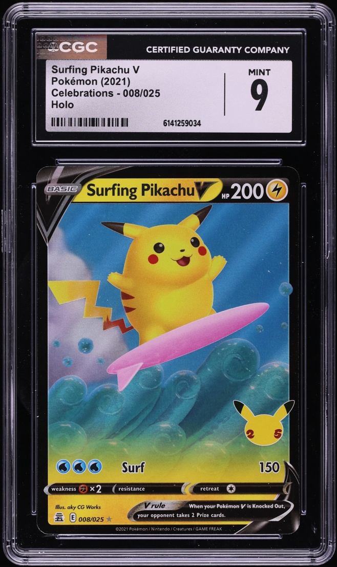 2021 Pokemon Sword & Shield Celebrations Holo Surfing Pikachu V #8 CGC 9 MINT