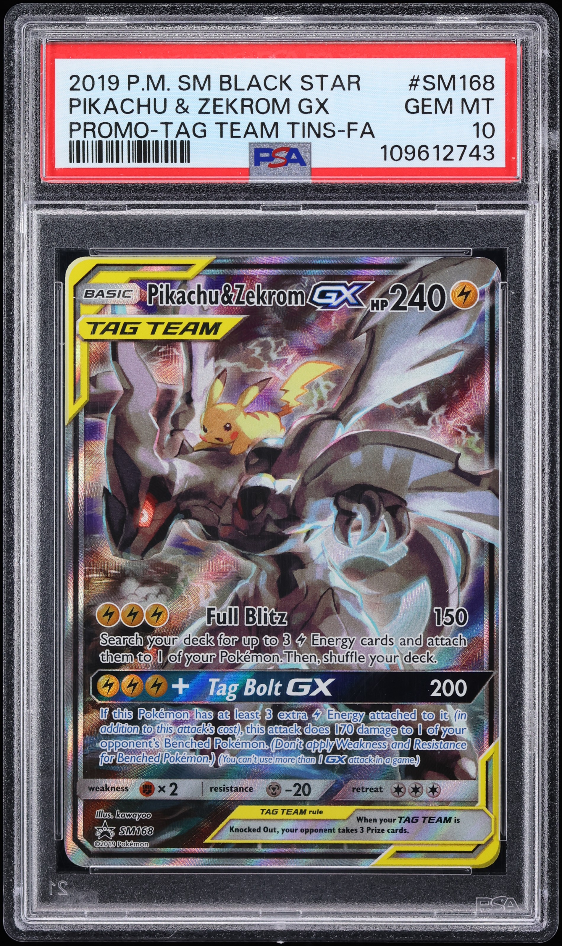 2019 Pokemon Sun & Moon Promo Tag Team Tins Full Art Pikachu & Zekrom GX #SM168 PSA 10 GEM MINT