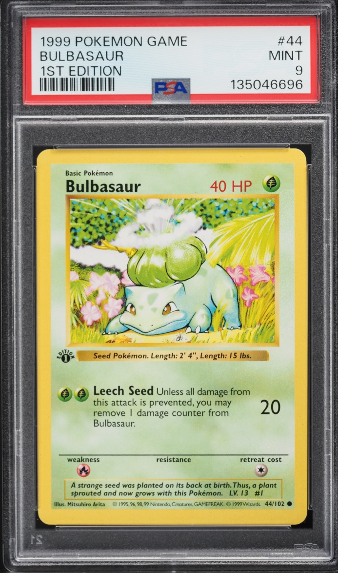 1999 Pokemon Base Set Shadowless 1st Edition Bulbasaur #44 PSA 9 MINT