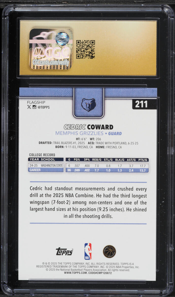 2025 Topps Basketball Cedric Coward ROOKIE #211 CGC 10 PRISTINE