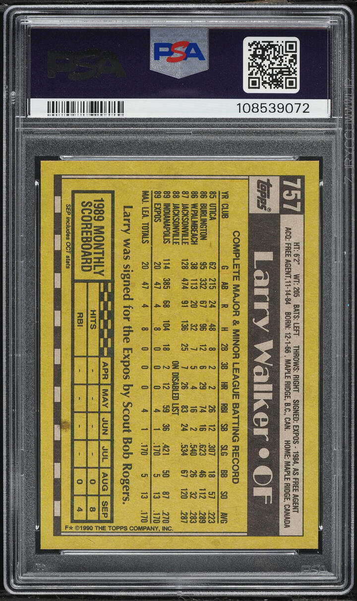 1990 Topps Larry Walker ROOKIE #757 PSA 8 NM-MT