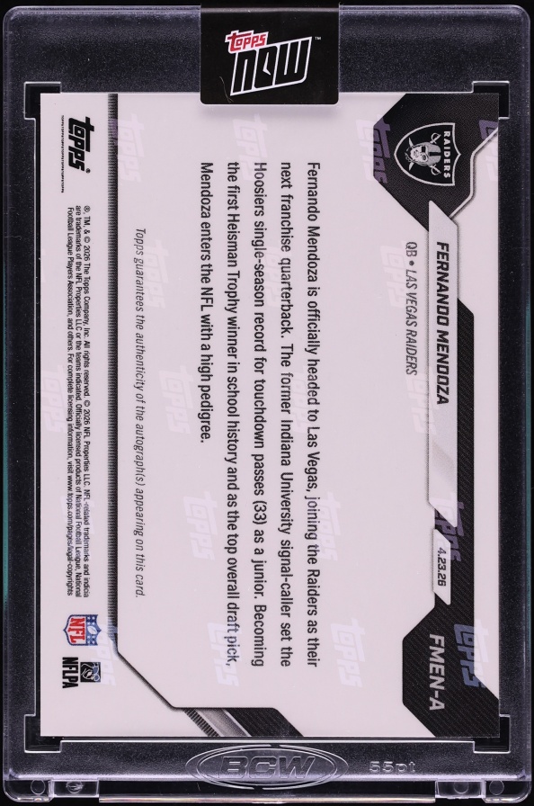 2026 Topps Now Black Foil Fernando Mendoza ROOKIE AUTO /10 #FMEN-A - Photo 2