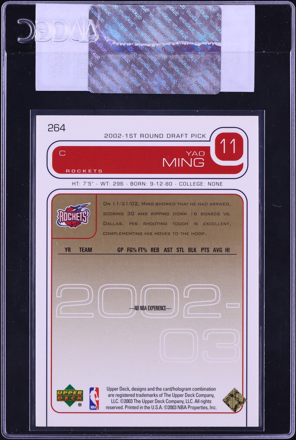 2002 Upper Deck Exclusives Yao Ming ROOKIE /100 #264 CGC AUTH