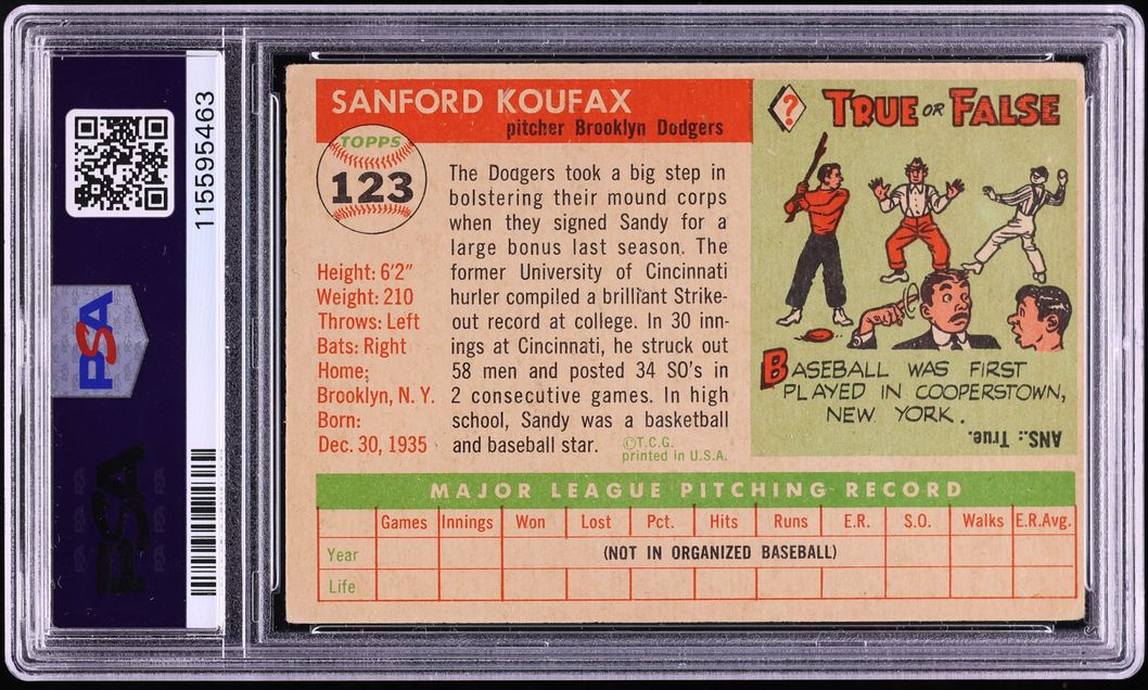1955 Topps Sandy Koufax ROOKIE #123 PSA 2 GD