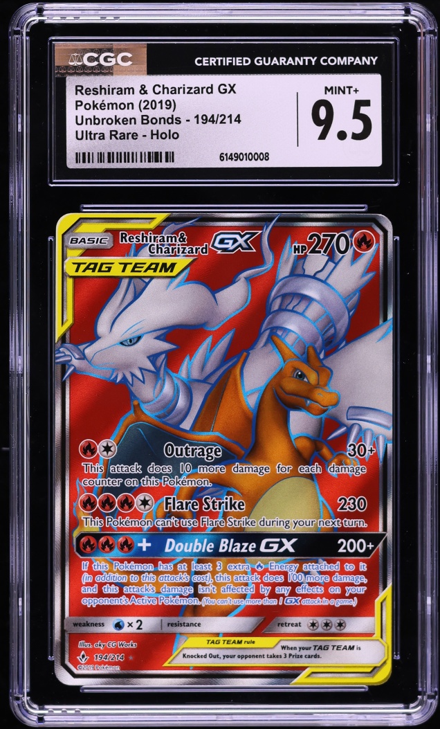 2019 Pokemon Sun & Moon Unbroken Bonds Full Art Reshiram & Charizard GX #194 CGC 9.5 MINT+
