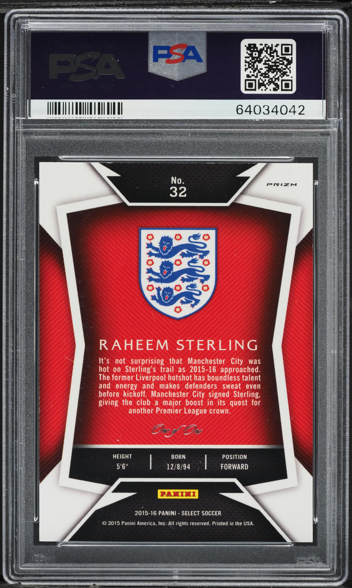 2015 Select White Jersey Black Prizm Raheem Sterling 1/1 #32 PSA 10 GEM MINT