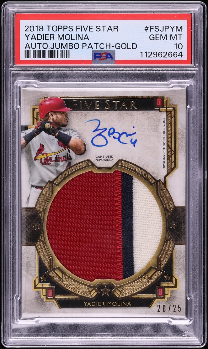 2018 Topps Five Star Jumbo Gold Yadier Molina PATCH AUTO /25 #FSJPYM PSA 10 GEM MINT