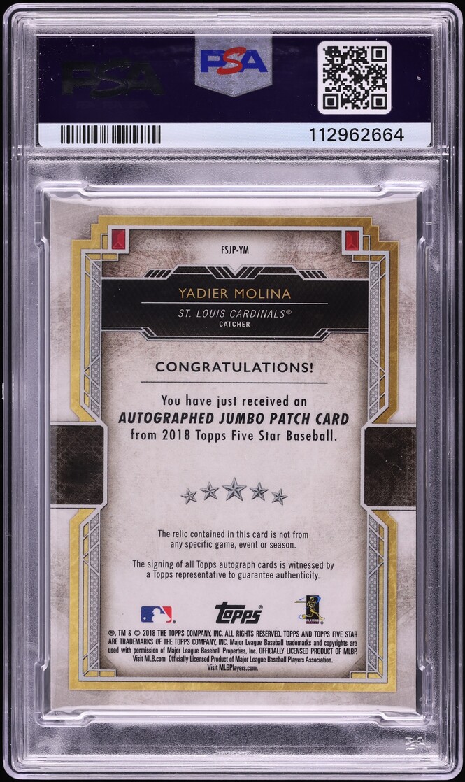 2018 Topps Five Star Jumbo Gold Yadier Molina PATCH AUTO /25 #FSJPYM PSA 10 GEM MINT